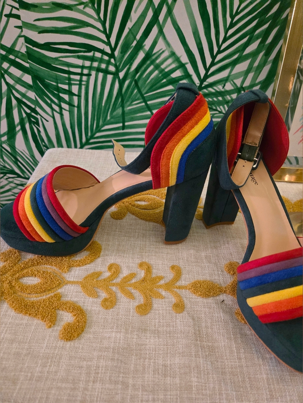 Unique Vintage Multicolor Rainbow Strap Block Heels